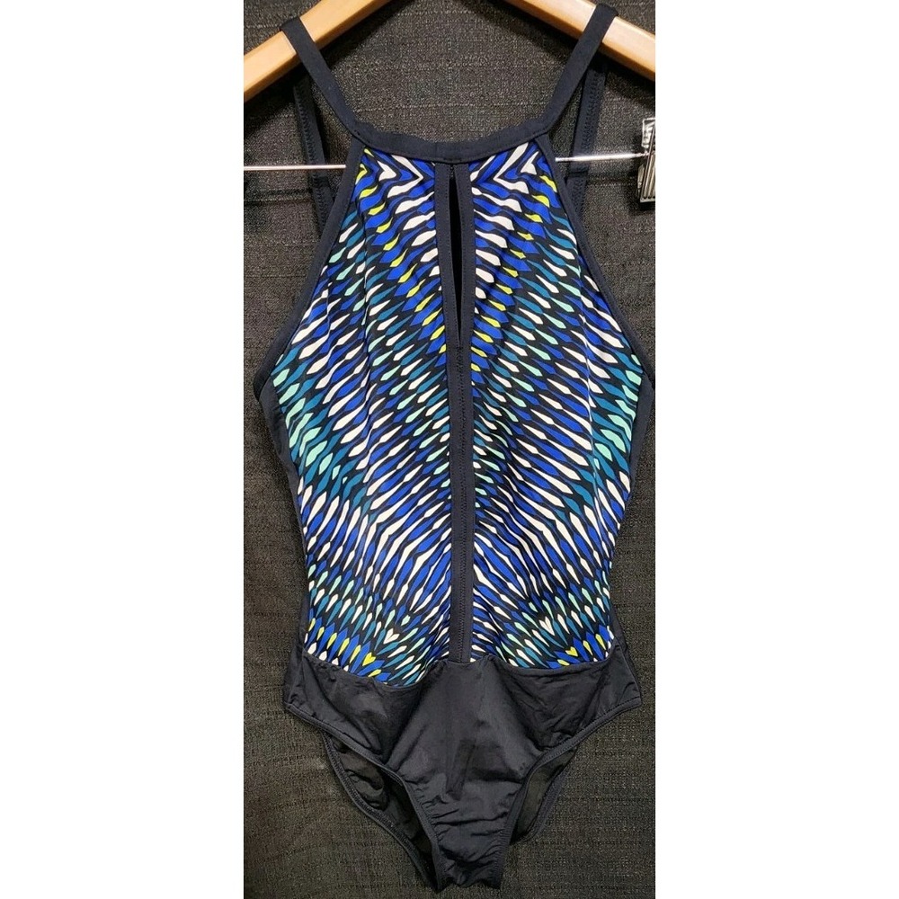Jantzen Women's Sporty‎ Geometric High Neck One Piece Swimsuit Black Blue Adjust
